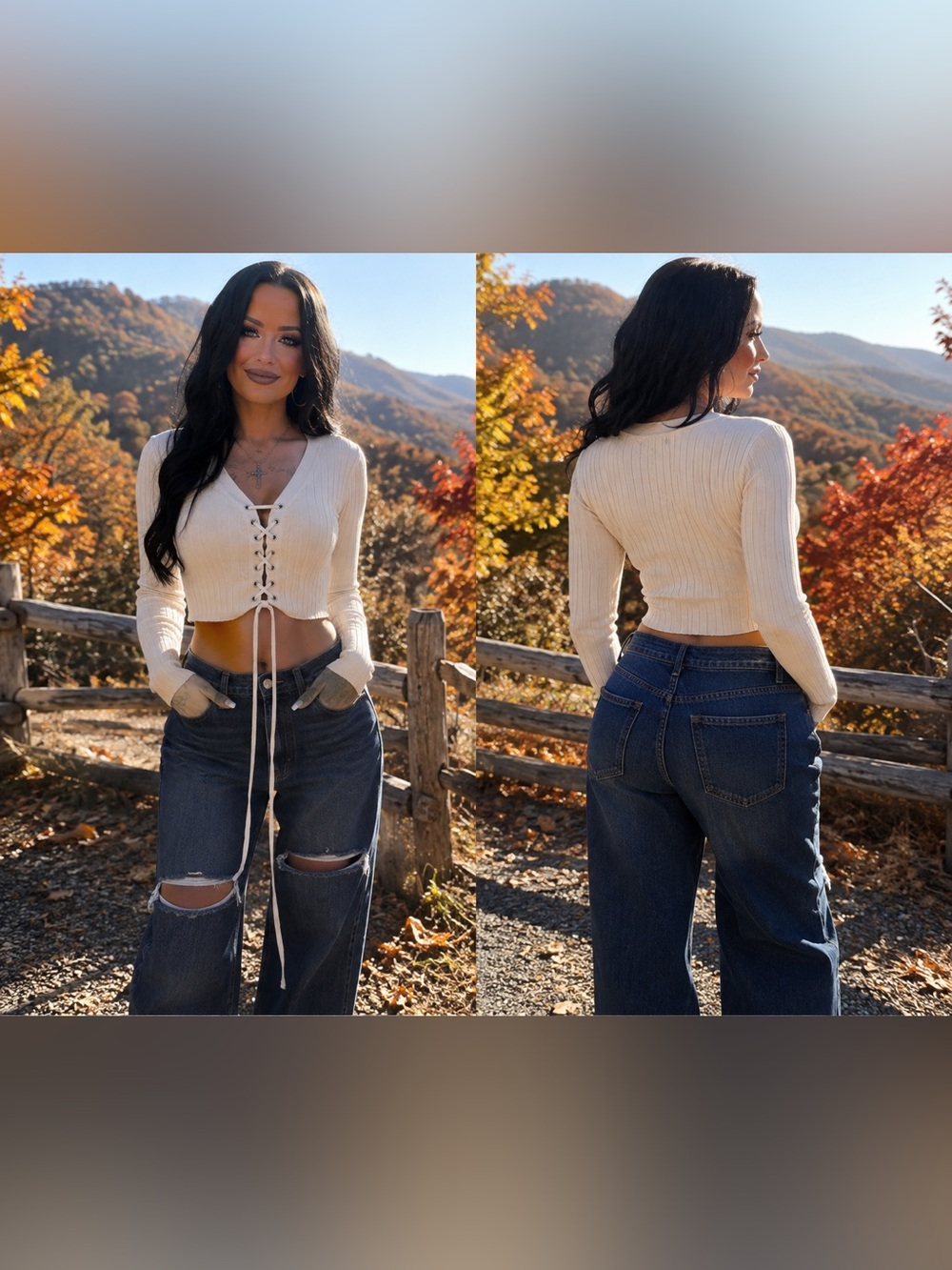 Forever 21 Cream Ribbed Lace-Up Long-Sleeve Crop Top